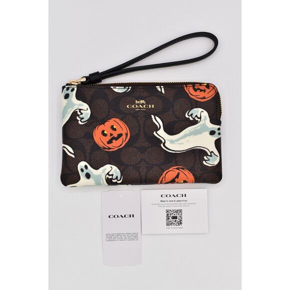 Coach Corner Zip Wristlet In Signature Canvas With Halloween Print Walnut Ghost - Picture 1 of 16